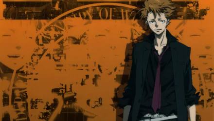 HD PC desktop wallpaper of Shuusei Kagari from Psycho-Pass: anime character in a dark coat and tie against a distressed orange backdrop with circular seals and grunge textures.