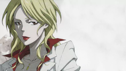 HD anime desktop wallpaper featuring Shion Karanomori from Psycho-Pass with her blonde hair and white coat against a minimalist light background.