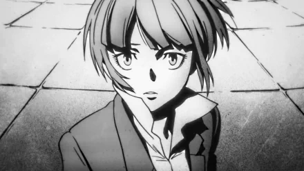 Black-and-white HD anime wallpaper featuring Akane Tsunemori from Psycho-Pass with a focused expression against a tiled background.