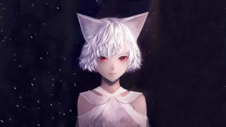 Anime-style original HD desktop wallpaper featuring a character with short white hair, red eyes, and nekomimi ears against a dark background.