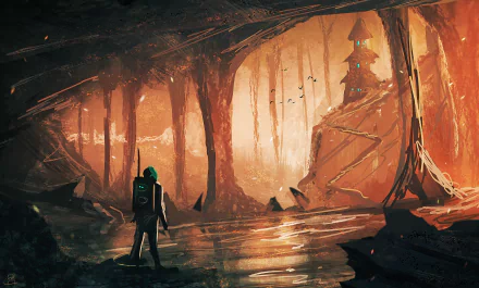 A Sci-Fi HD desktop wallpaper shows an astronaut exploring a vast cave with towering, mysterious building structures illuminated by warm light.