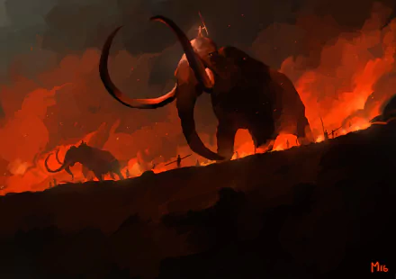 HD desktop wallpaper of a fantasy scene featuring a warrior facing a giant mammoth against a fiery background. Another mammoth looms in the distance, enhancing the dramatic, intense atmosphere.