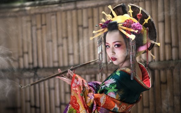 Women Asian Model Lipstick Makeup Brown Eyes Brunette Headband Traditional Costume HD Wallpaper | Background Image