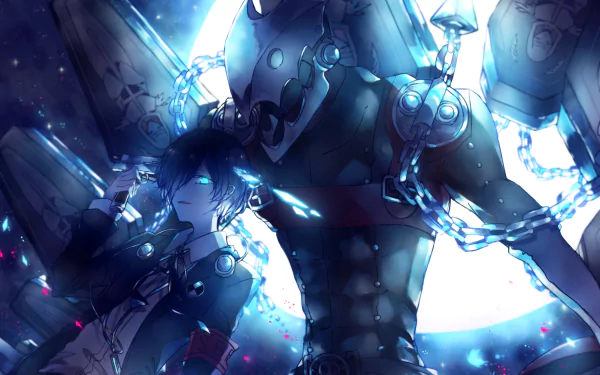 A striking HD wallpaper featuring Thanatos from Persona 3 alongside Minato Arisato (Makoto Yuki), showcasing a dynamic scene filled with vibrant colors and dramatic lighting.