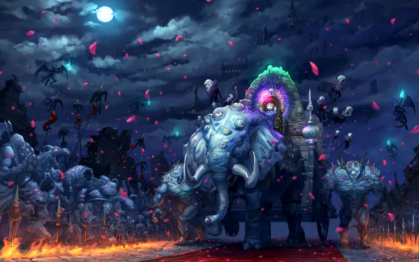 A high-definition anime wallpaper featuring a giant, elaborately adorned elephant under a night sky with a full moon, surrounded by mysterious creatures and falling petals.