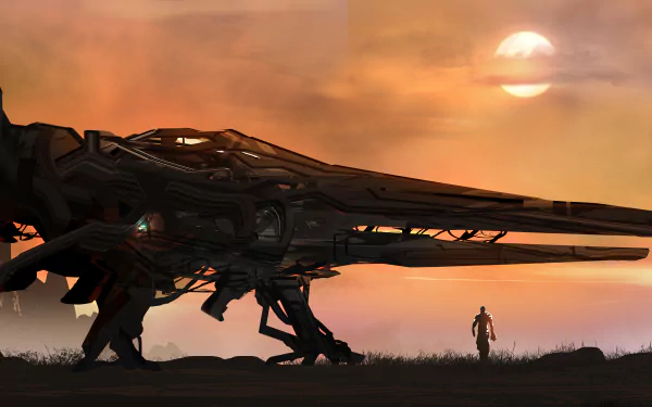 4K Ultra HD sci-fi desktop wallpaper featuring a large, futuristic spaceship grounded at sunset with a lone figure standing nearby.