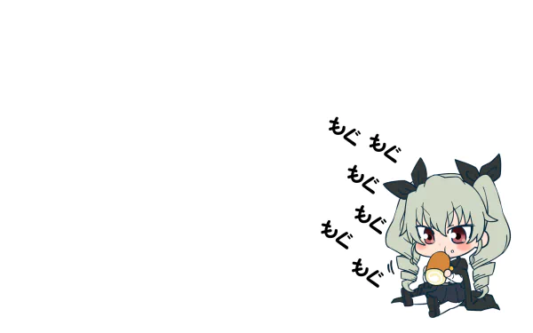 Anchovy (Girls und Panzer) chibi in anime style, munching a bun in the lower-right of an HD PC desktop wallpaper/background with white space and もぐもぐ sound effects.