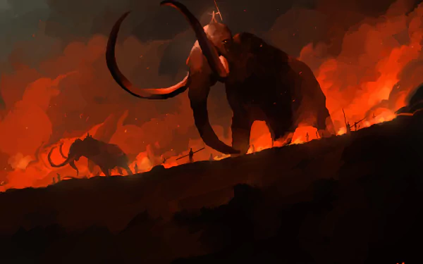 HD desktop wallpaper of a fantasy scene featuring a warrior facing a giant mammoth against a fiery background. Another mammoth looms in the distance, enhancing the dramatic, intense atmosphere.