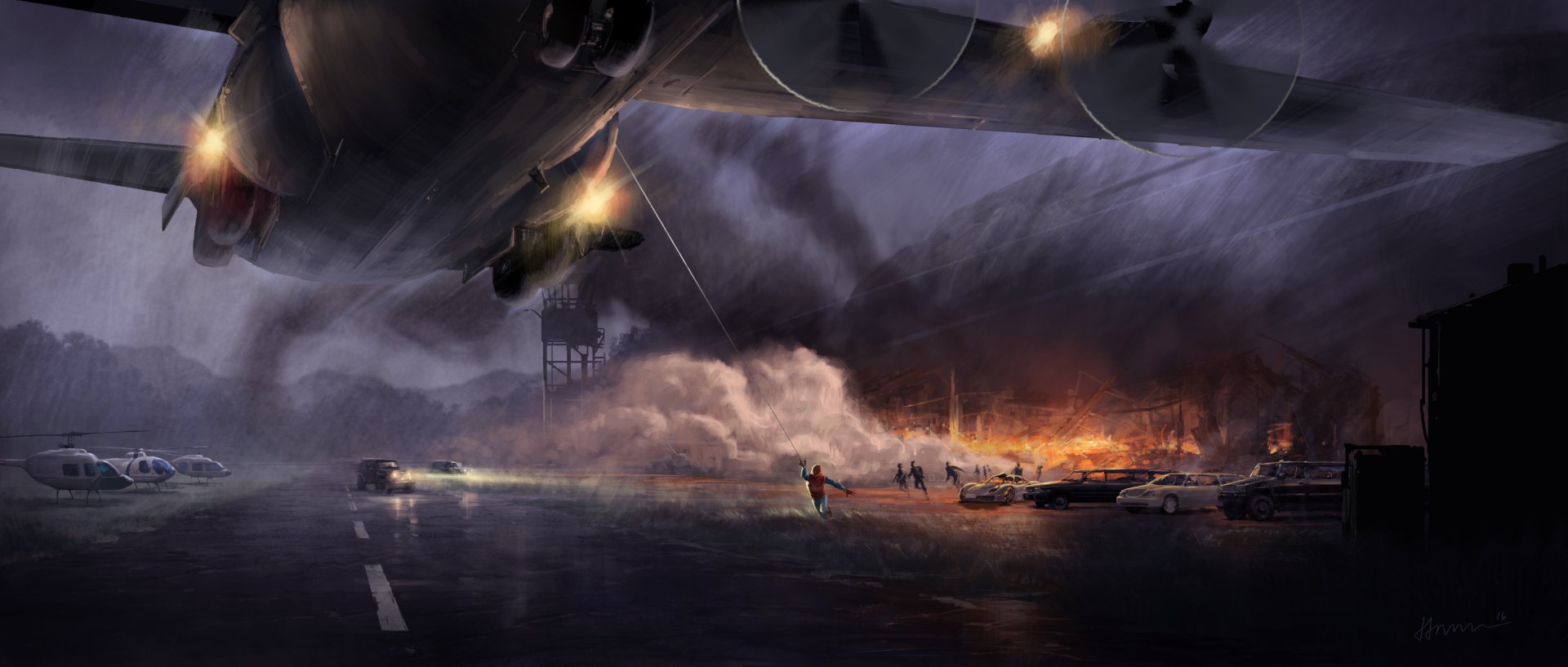 A dramatic HD desktop wallpaper from the movie Spider-Man: Homecoming, featuring Spider-Man navigating a chaotic scene beneath a large aircraft with explosions and smoke in the background.