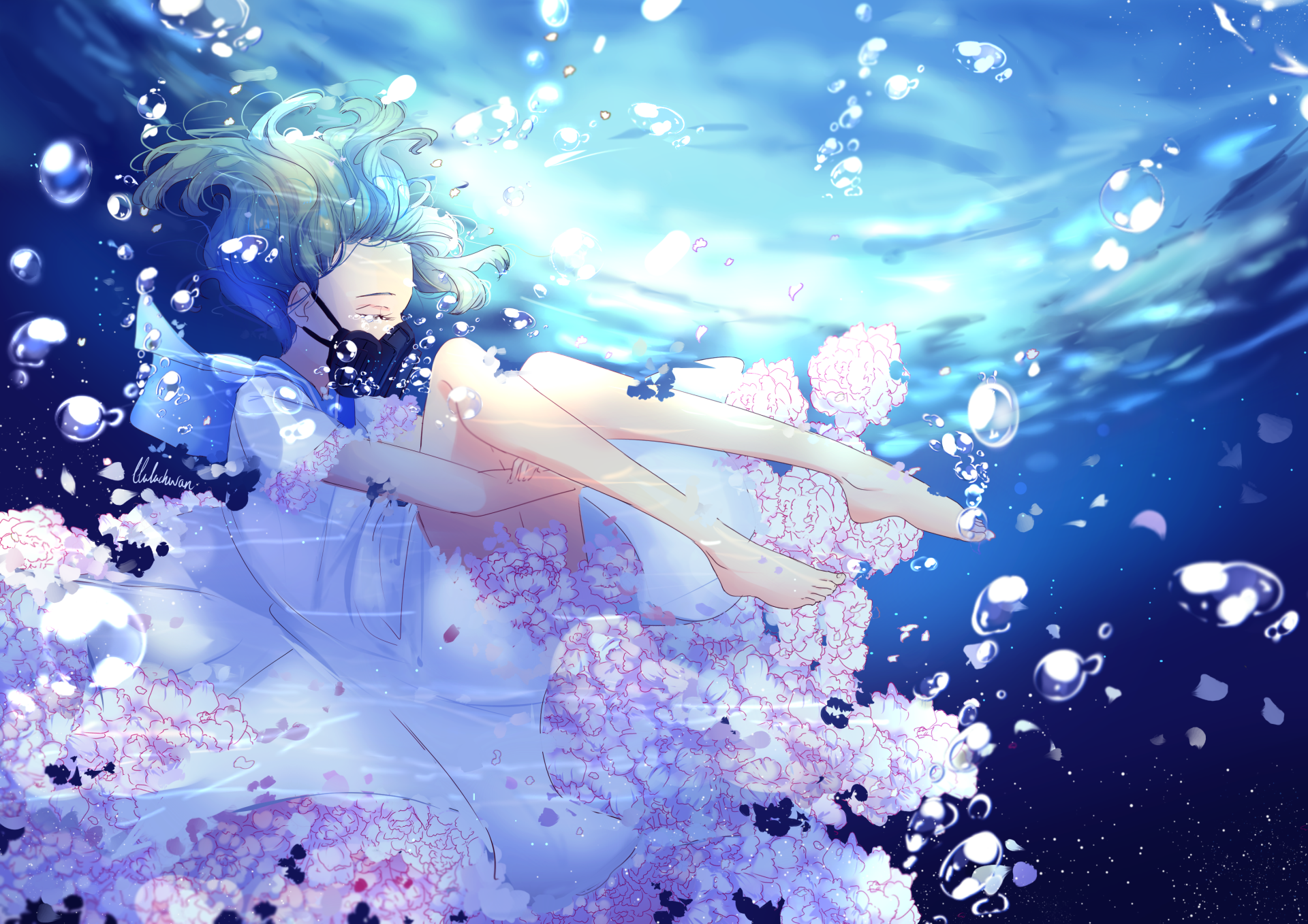 An anime girl with short hair in a flower dress sits underwater, surrounded by bubbles, creating a serene and dreamlike atmosphere. This HD image makes a captivating desktop wallpaper.