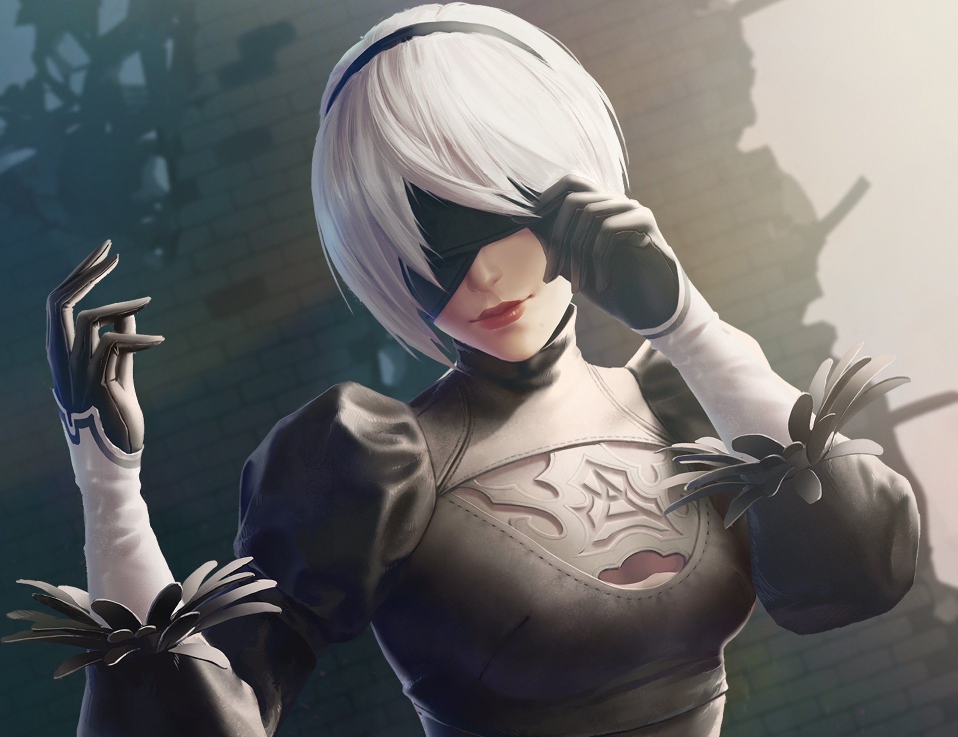 HD desktop wallpaper featuring YoRHa No.2 Type B from the video game NieR: Automata, showcasing her in a dynamic pose with short white hair and eye mask, detailed in a high-quality background.