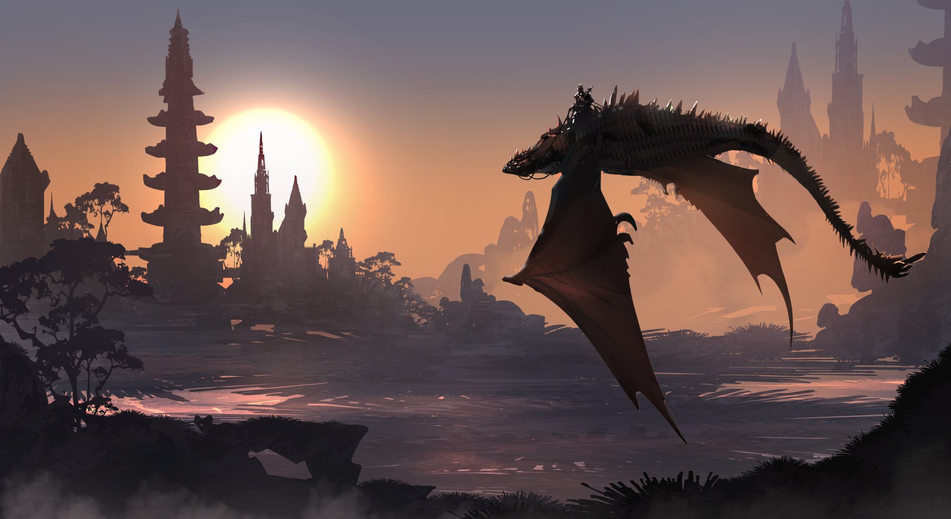 Download Warrior Sunrise Building Oriental Fantasy Dragon Fantasy Warrior K Ultra HD Wallpaper