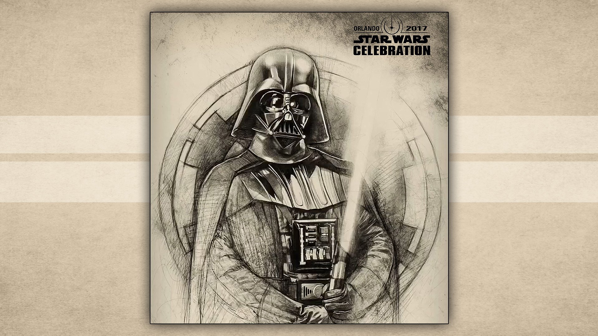 Darth Vader sketch with lightsaber and Imperial emblem, Star Wars Celebration logo above — HD PC desktop wallpaper/background inspired by the Star Wars movie.