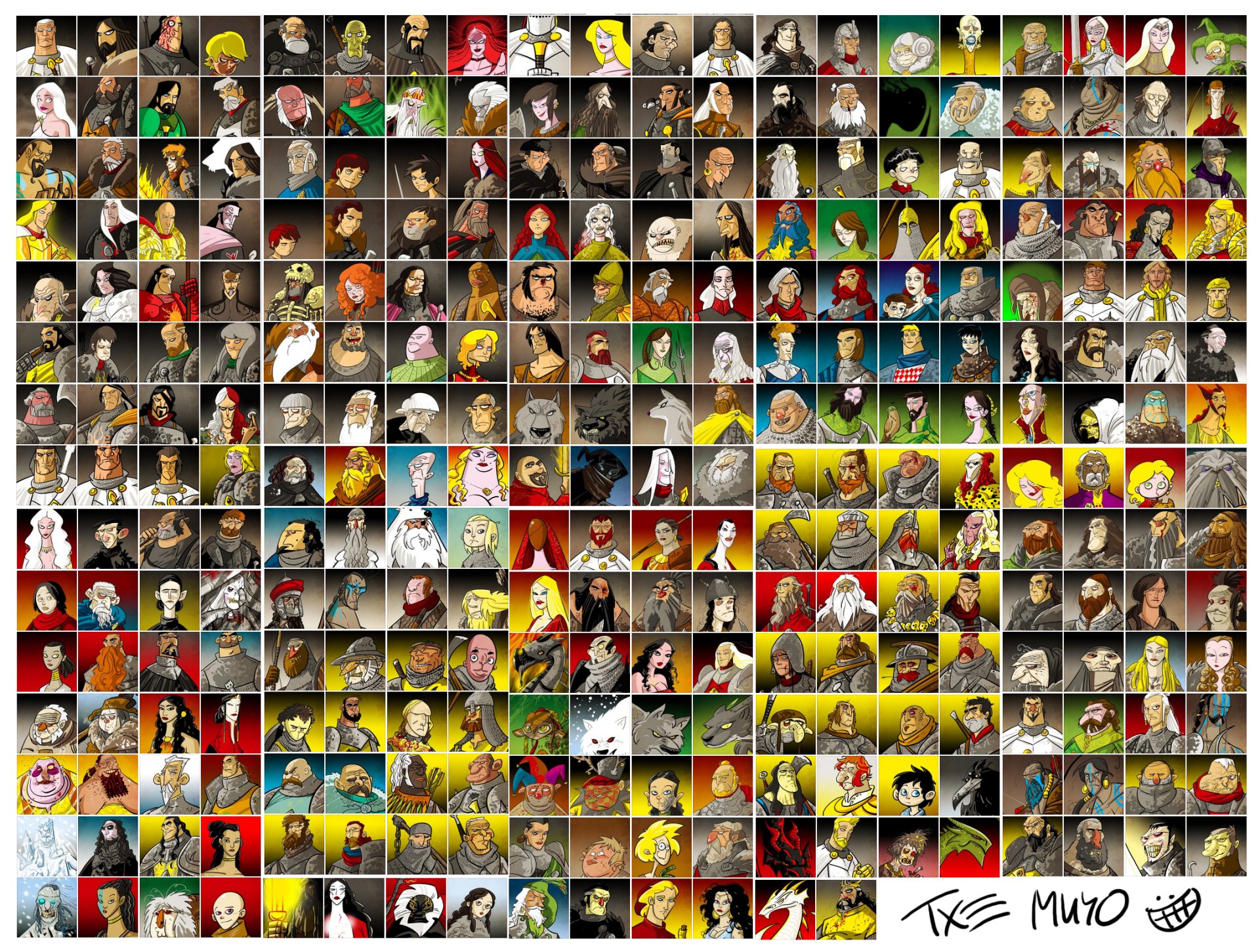 HD PC desktop wallpaper featuring a vibrant collage of fantasy characters from A Song of Ice and Fire, showcasing diverse artistic styles and vivid colors.