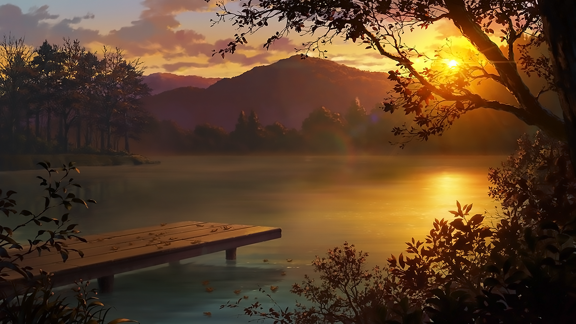 HD anime wallpaper featuring a serene sunset over a tranquil lake or river, surrounded by lush foliage and a wooden dock, casting a golden glow on the water.