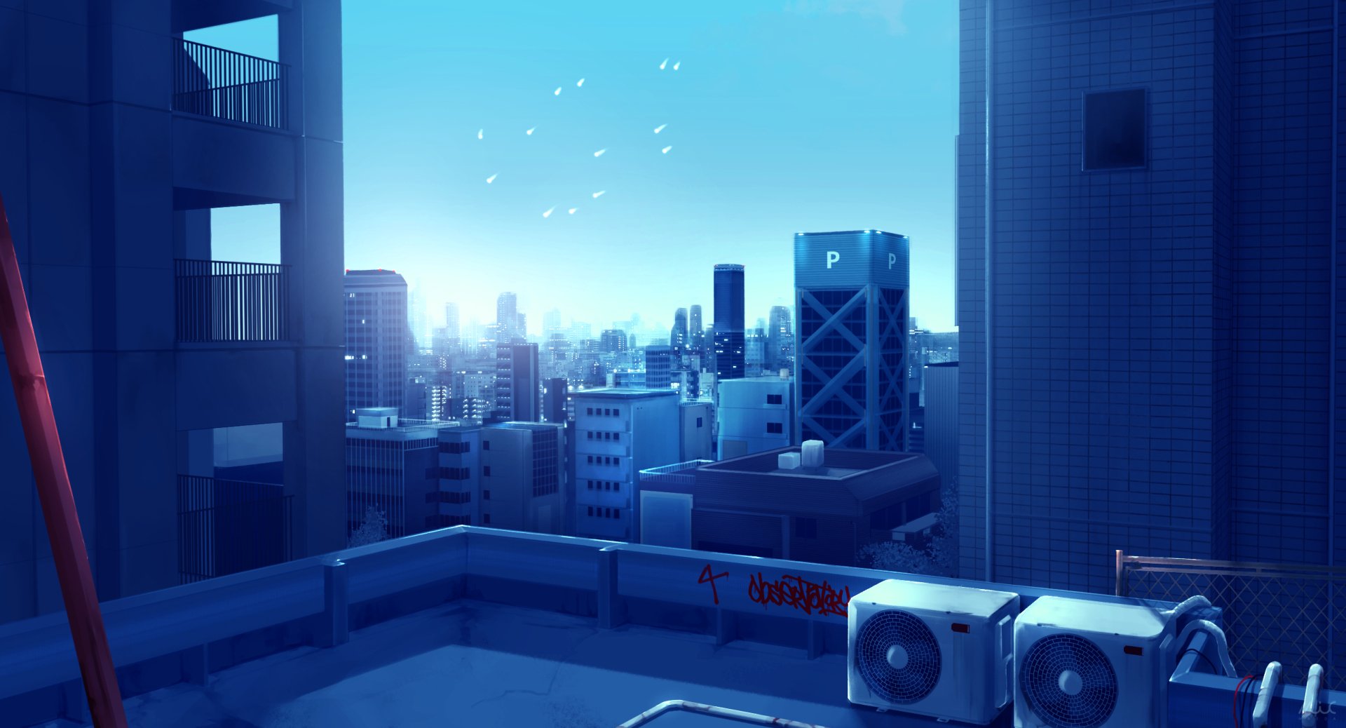HD anime-style original PC desktop wallpaper featuring a bright cityscape viewed from a rooftop with air conditioning units under a clear blue sky.