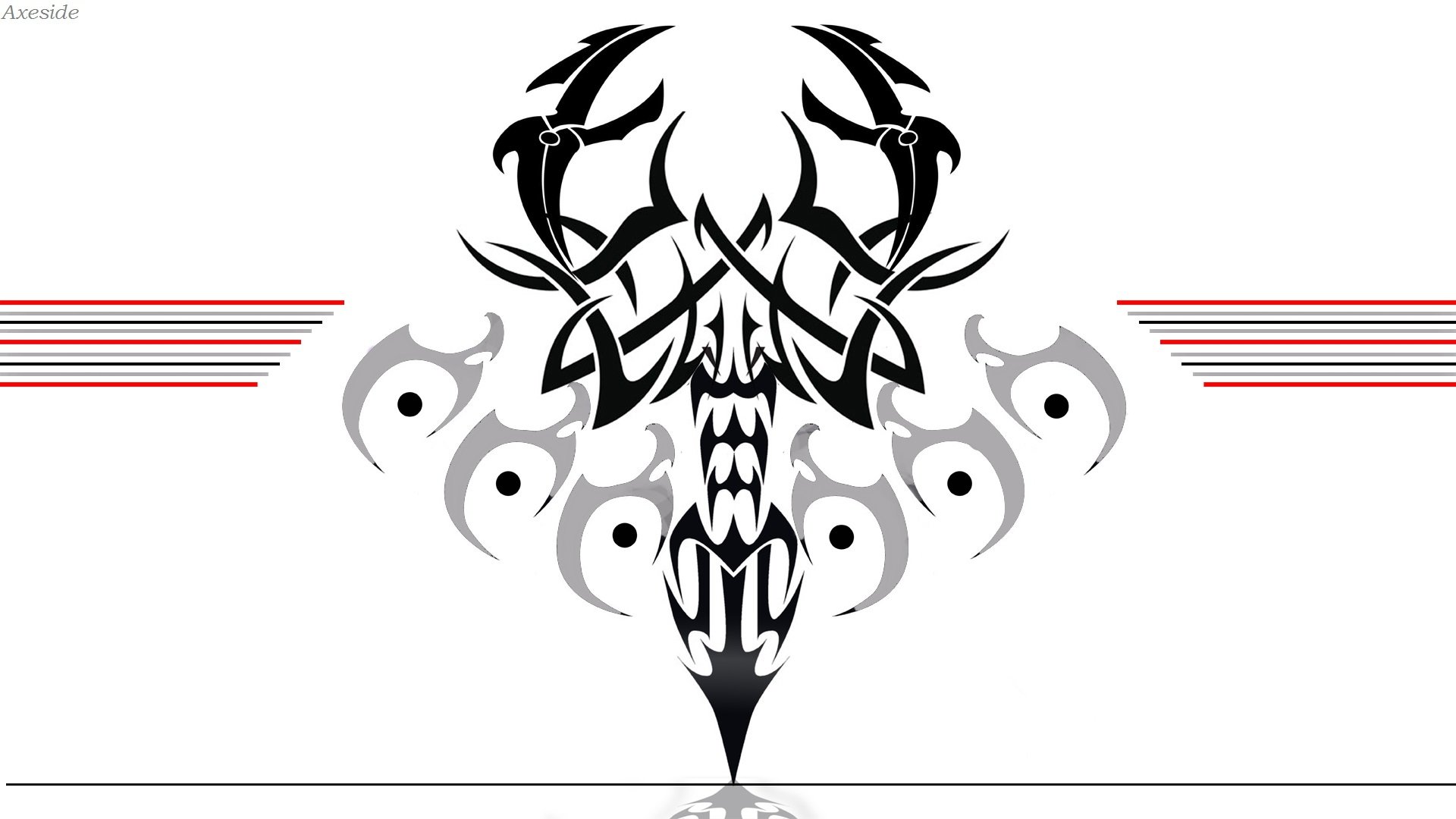 Artistic black tribal logo resembling a stylized bird or phoenix with symmetrical gray eye-like shapes, presented as an HD PC desktop wallpaper and background.