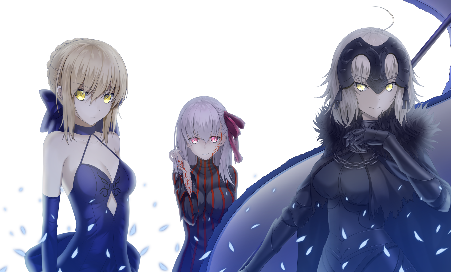 HD wallpaper showcasing characters from the Fate series: Jeanne d'Arc (Avenger), Saber Alter, and Dark Sakura, set against a light background with blue and black tones.