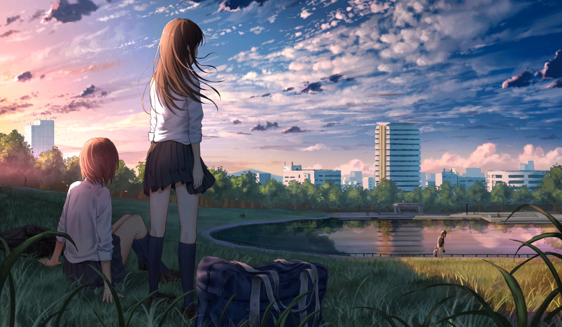 Anime-style HD desktop wallpaper depicting two original characters by a lakeside at sunset, with a city skyline and dramatic clouds in the background.