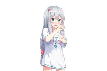 HD PC desktop wallpaper of Sagiri Izumi from the anime EroManga-Sensei, featuring her in a casual oversized shirt with a playful expression.