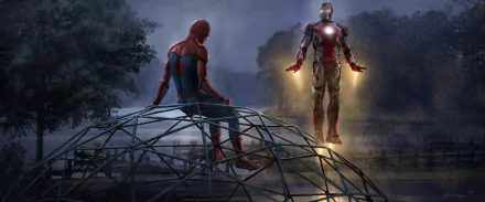HD desktop wallpaper featuring Spider-Man and Iron Man from the movie Spider-Man: Homecoming, with Spider-Man sitting on a dome structure and Iron Man hovering in the night sky.