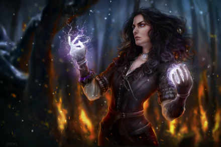 Yennefer of Vengerberg, a powerful witch with black hair, conjures magic in a dark forest, captured as a stunning HD wallpaper from The Witcher 3: Wild Hunt.
