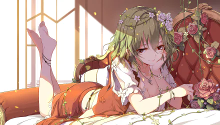HD desktop wallpaper featuring the anime character Yuuka Kazami from Touhou. She is lounging on a bed with a relaxed expression, surrounded by flowers and bathed in warm sunlight.
