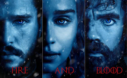 HD desktop wallpaper featuring Jon Snow, Daenerys Targaryen, and Tyrion Lannister from the TV show Game of Thrones, with the phrase Fire and Blood prominently displayed.