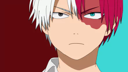 HD wallpaper featuring Shoto Todoroki from My Hero Academia, showcasing his distinctive half-white, half-red hair and intense expression against a split dark red and turquoise background.