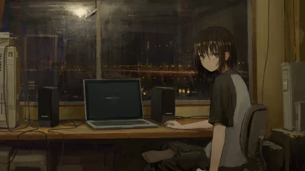 An anime character with black hair is sitting barefoot at a desk with a laptop in a dimly lit room, with a cityscape visible through the window. HD desktop wallpaper and background.