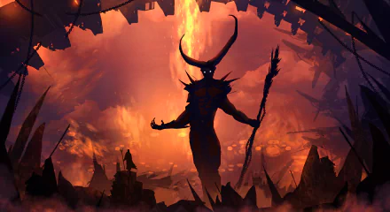 A high-definition fantasy wallpaper featuring a demon with giant horns and a staff, standing in a fiery cave.