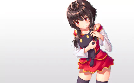 HD desktop wallpaper featuring Megumin from KonoSuba: God's Blessing on This Wonderful World!! holding Chomusuke, with a clean white background.