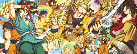 HD desktop wallpaper featuring Goku in various Super Saiyan forms from Dragon Ball Z and Dragon Ball GT, including Super Saiyan 3 and Super Saiyan 4, with dynamic action scenes and vibrant colors.