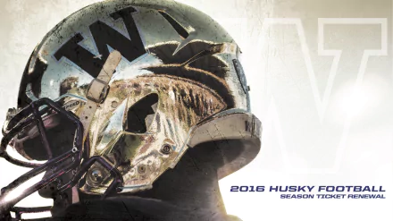 HD PC desktop wallpaper of a Washington Huskies college football helmet with large W logo and 2016 Husky Football season-ticket text on a sports-style background.