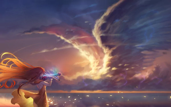 Anime-style HD wallpaper featuring an original artwork of a violinist with flowing hair, playing under a dramatic sky with illuminated clouds resembling wings.