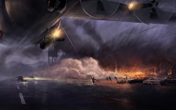 A dramatic HD desktop wallpaper from the movie Spider-Man: Homecoming, featuring Spider-Man navigating a chaotic scene beneath a large aircraft with explosions and smoke in the background.