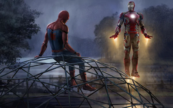 HD desktop wallpaper featuring Spider-Man and Iron Man from the movie Spider-Man: Homecoming, with Spider-Man sitting on a dome structure and Iron Man hovering in the night sky.