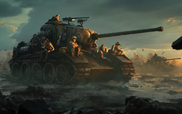 HD desktop wallpaper of a military scene featuring soldiers and a tank in a rugged landscape, under a moody sky.