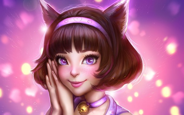 Fantasy Women Animal Ears Cat Girl Face Purple Eyes Short Hair Smile Brown Hair HD Wallpaper | Background Image
