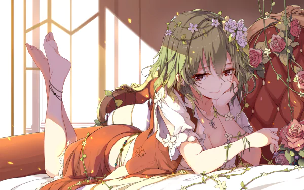 HD desktop wallpaper featuring the anime character Yuuka Kazami from Touhou. She is lounging on a bed with a relaxed expression, surrounded by flowers and bathed in warm sunlight.