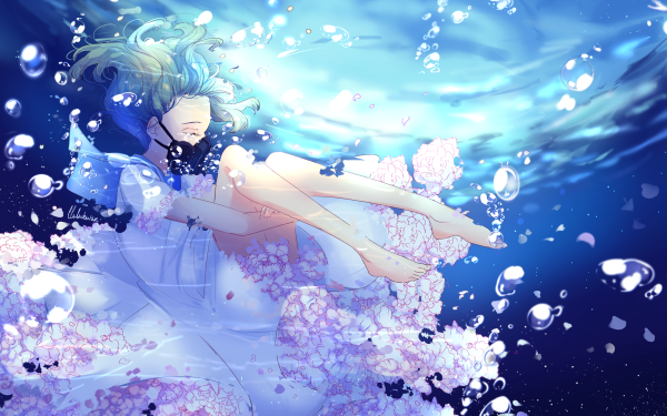 Anime Girl Mask Flower Dress Short Hair Underwater Bubble HD Wallpaper | Background Image