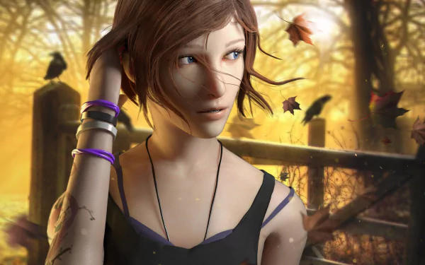 Chloe Price from the video game *Life Is Strange: Before The Storm* stands in a serene outdoor setting, surrounded by autumn leaves and soft, warm lighting. HD desktop wallpaper.
