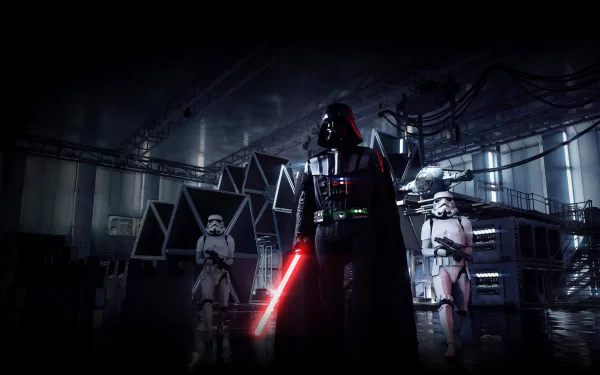 HD desktop wallpaper featuring Darth Vader and stormtroopers in a dramatic scene from the video game Star Wars Battlefront II (2017), set against a dark, industrial background.