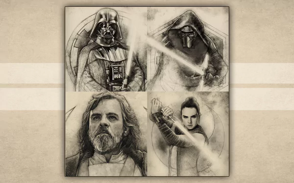 HD PC desktop wallpaper featuring sketch-style portraits of Luke Skywalker, Rey, Kylo Ren, and Darth Vader from Star Wars, inspired by Star Wars Celebration.