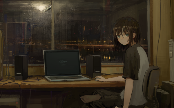 Anime Original Laptop Room Black Hair Feet Computer HD Wallpaper | Background Image