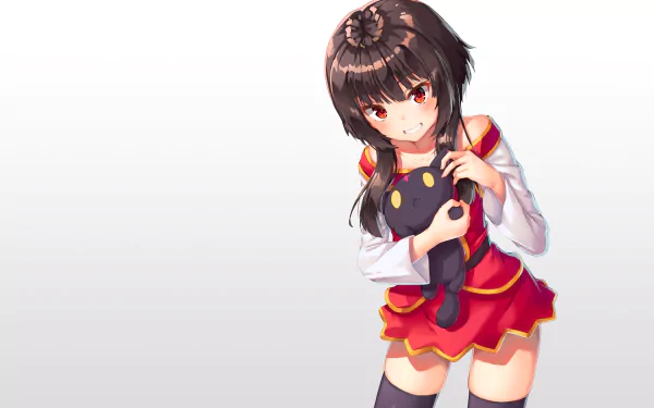 HD desktop wallpaper featuring Megumin from KonoSuba: God's Blessing on This Wonderful World!! holding Chomusuke, with a clean white background.