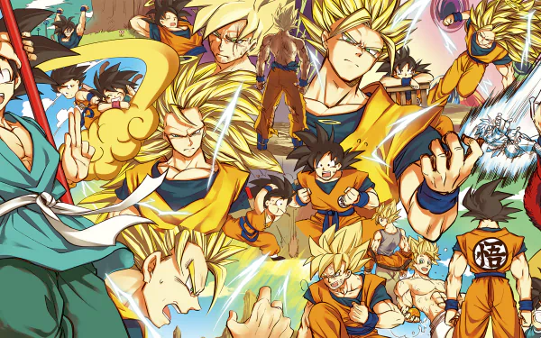 HD desktop wallpaper featuring Goku in various Super Saiyan forms from Dragon Ball Z and Dragon Ball GT, including Super Saiyan 3 and Super Saiyan 4, with dynamic action scenes and vibrant colors.