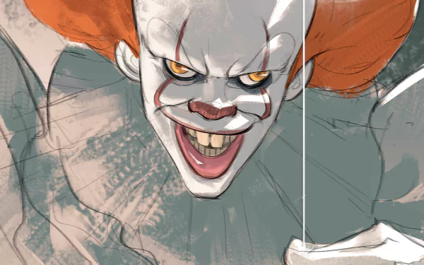 HD desktop wallpaper featuring Pennywise from the 2017 movie It, showcasing his menacing grin and sharp features against a stylized background.