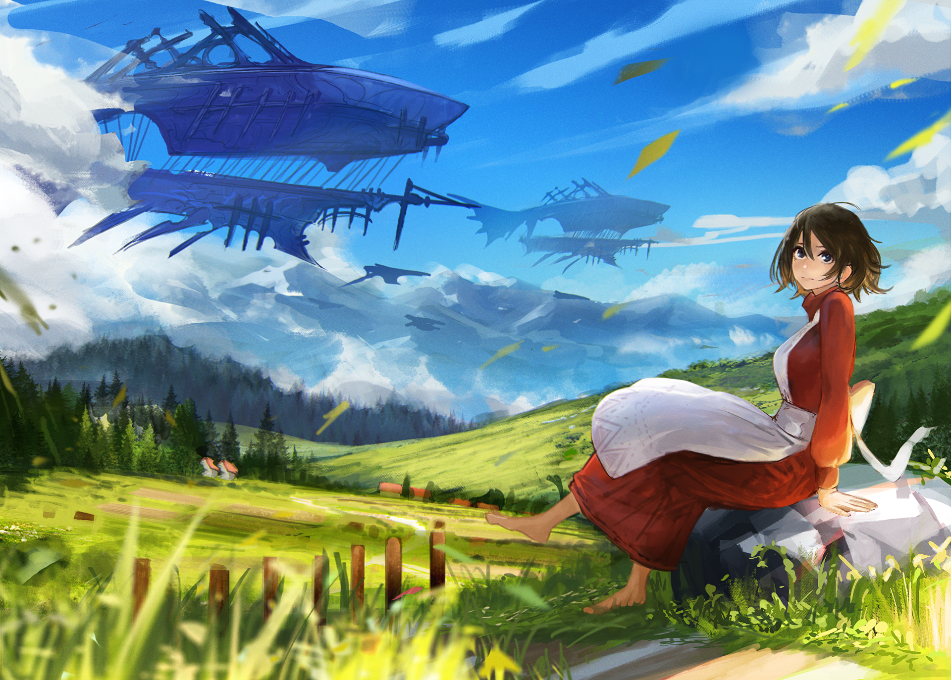 Anime landscape featuring a brunette woman with short hair and blue eyes in an apron, sitting in a grassy field with aircraft flying in a vibrant sky. This HD desktop wallpaper captures a serene and imaginative scene.