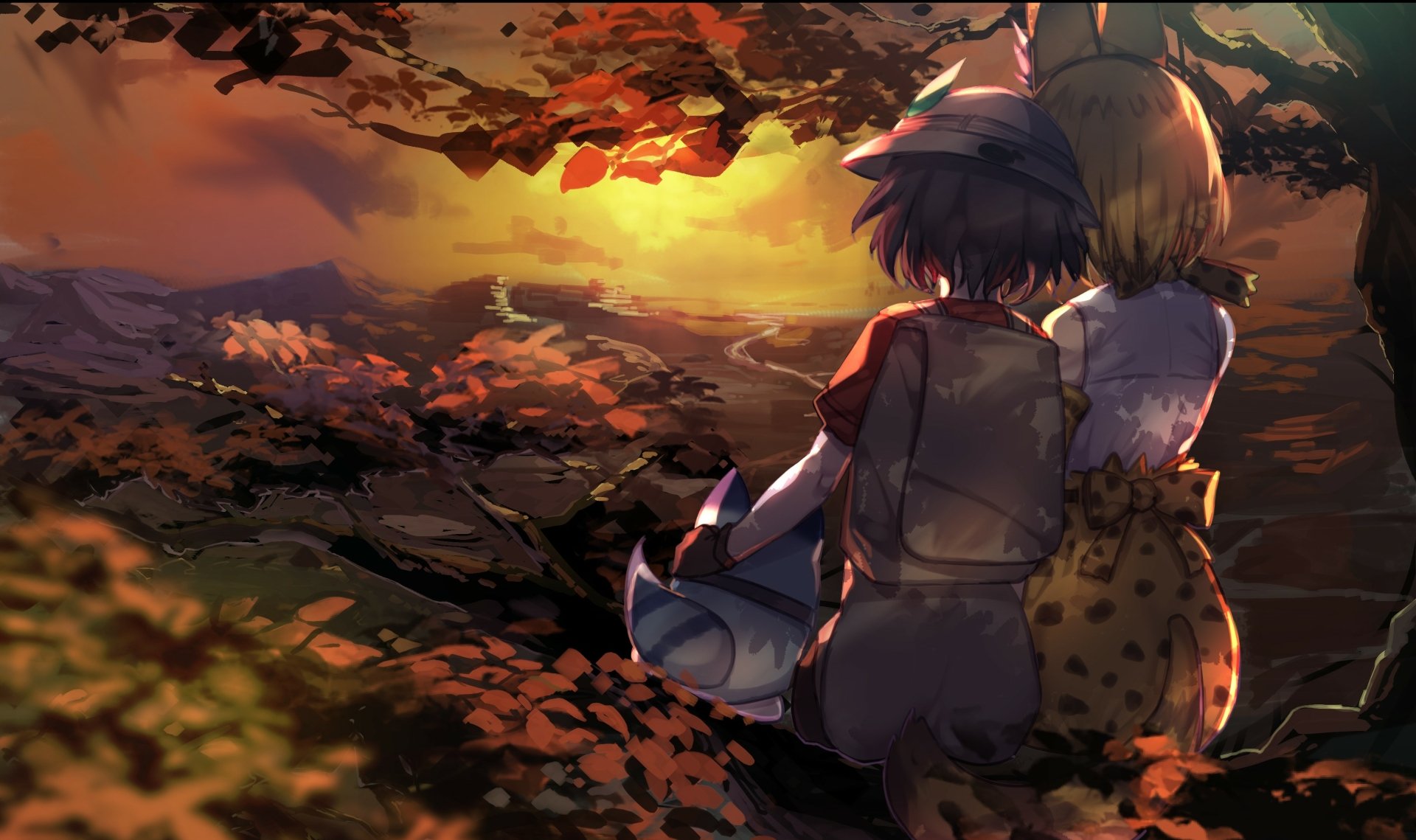 Anime-style HD wallpaper featuring Kaban and Serval from Kemono Friends, sitting together under autumn leaves at sunset, with animal ears, tails, and distinctive clothing details.